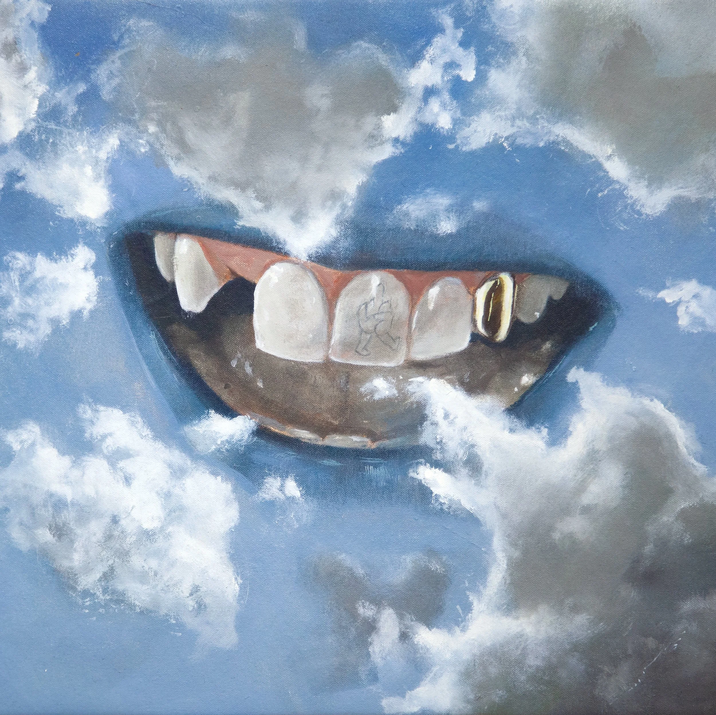 Close-up of a painted blue sky with fluffy white clouds and partially visible white teeth at bottom of the image.
