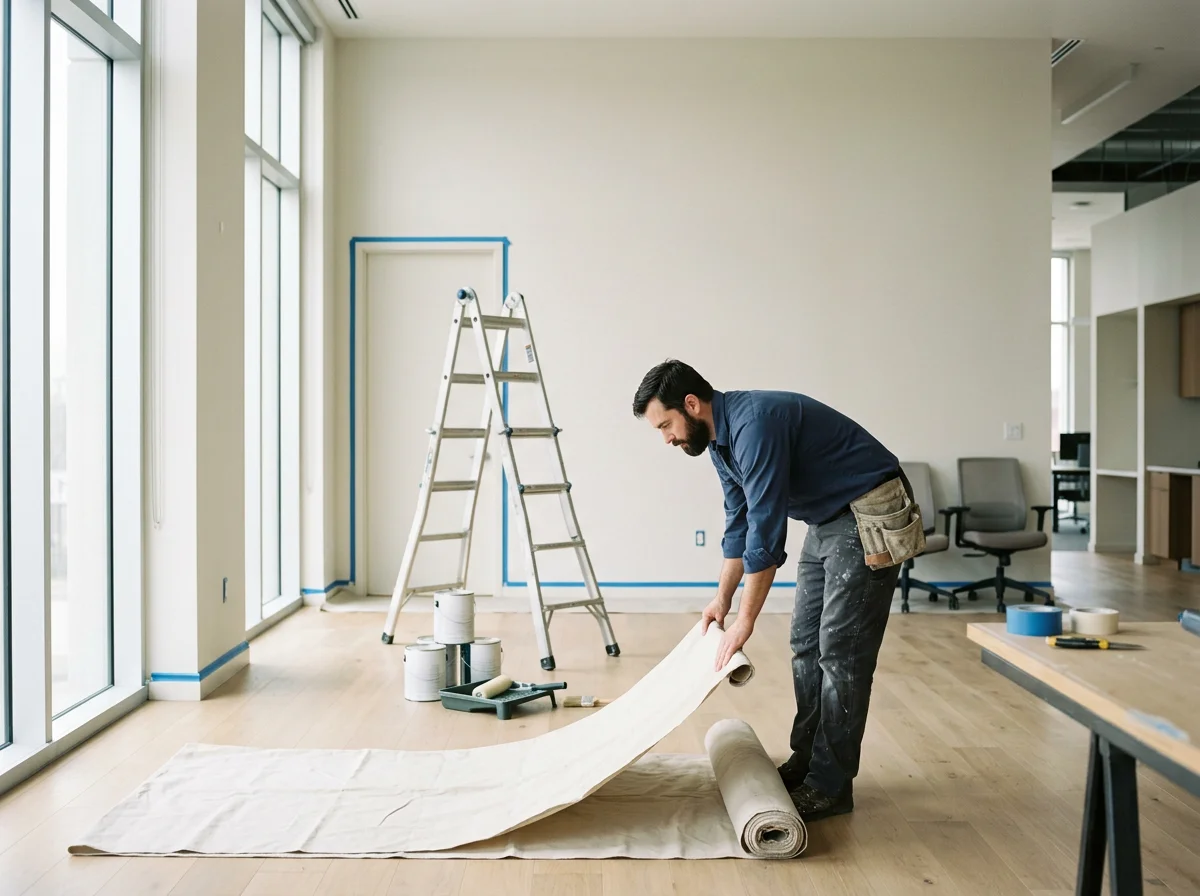 A man in work clothes unrolls painter's drop cloth on a wooden floor in a room under renovation, with a ladder and painting supplies nearby.