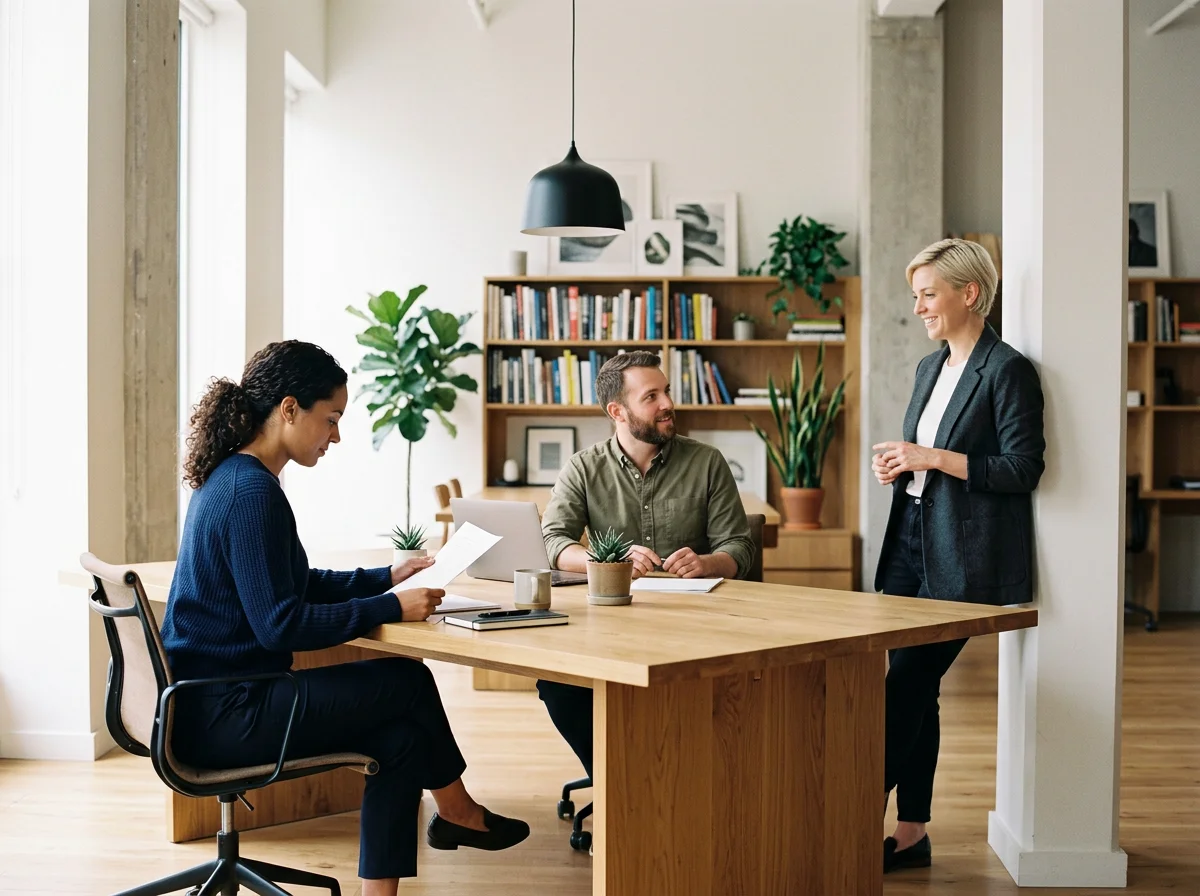 Three people having a discussion in a modern office, with a woman standing and two seated individuals, a man and a woman, at a wooden table with plants and office supplies.