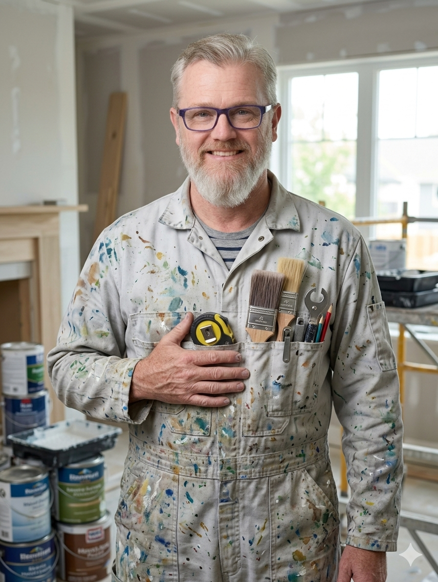 A man with gray hair and beard wearing glasses and a spotted painter's coverall, standing in a home under renovation, holding his chest with one hand, surrounded by paint cans and tools.