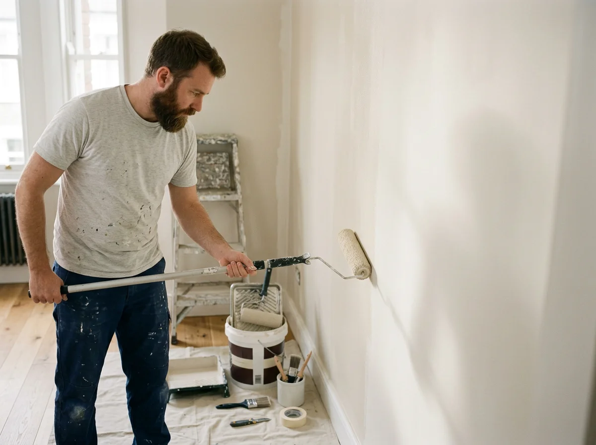 A man with a beard painting a wall with a paint roller, standing next to a bucket of paint, in a room with hardwood floors and a window.