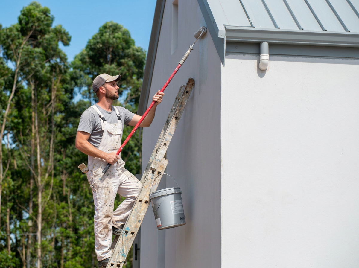 A man painting the exterior of a house with a long-handled paint roller, standing on a ladder with a bucket hanging from it, outdoors during daytime.