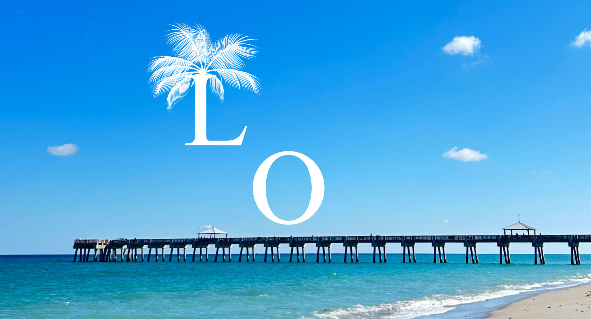 A pier extending into the ocean with small gazebos, under a blue sky with a few clouds, featuring a white graphic of a palm tree and the word 'LOVE' overlaid.