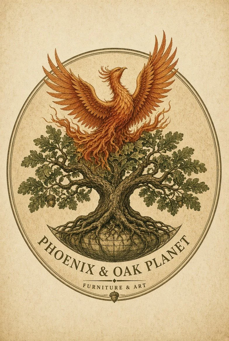 An illustration of a phoenix rising from a tree with oak leaves and acorns, with text "Phoenix & Oak Planet Furniture & Art."