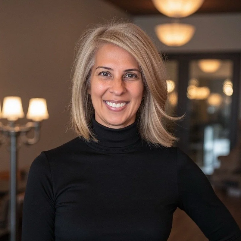 A woman with blonde hair wearing a black turtleneck, smiling, in a warmly lit indoor setting.