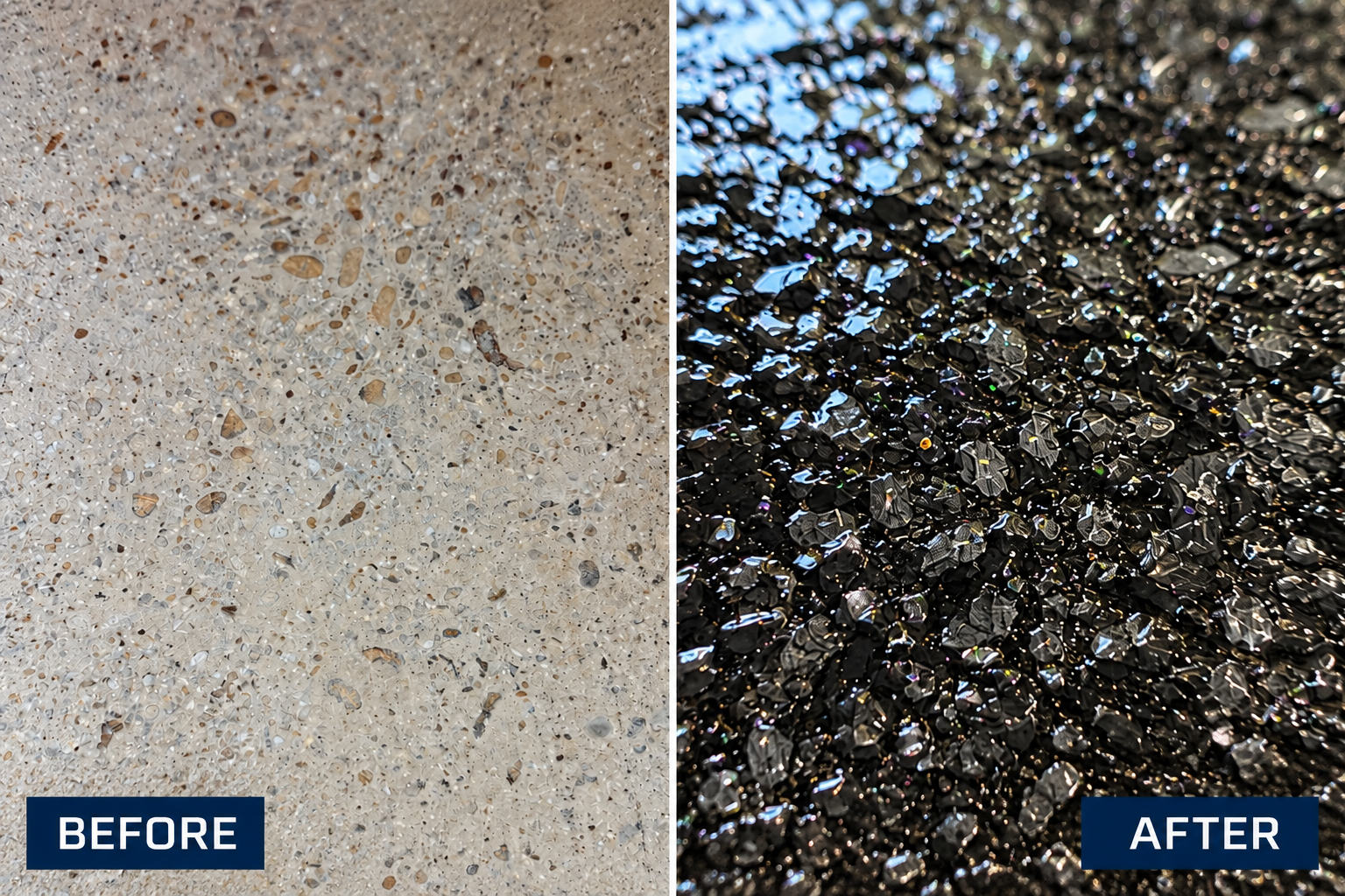 Comparison of a concrete surface before and after being treated; left side shows raw concrete with small aggregate particles, right side shows treated black surface with shiny, reflective aggregate.