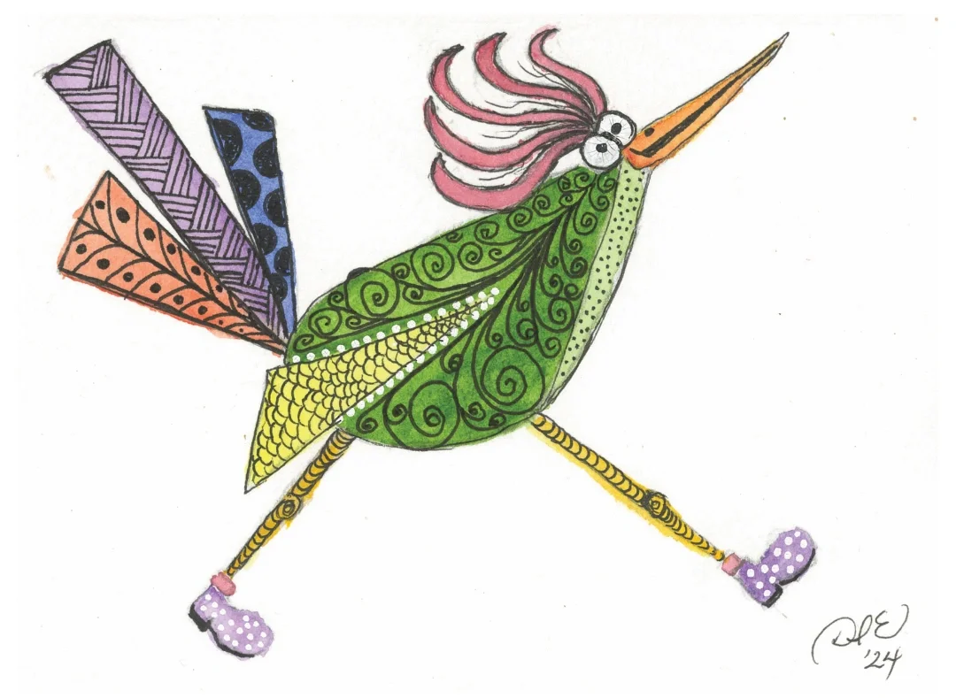 A lively green bird with patterned tail feathers and purple shoes, painted by Diedra I. Eshcoff.
