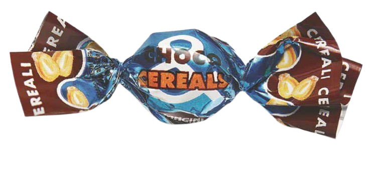 Bonbon dur à la crème de céréales avec un emballage bleu et marron.