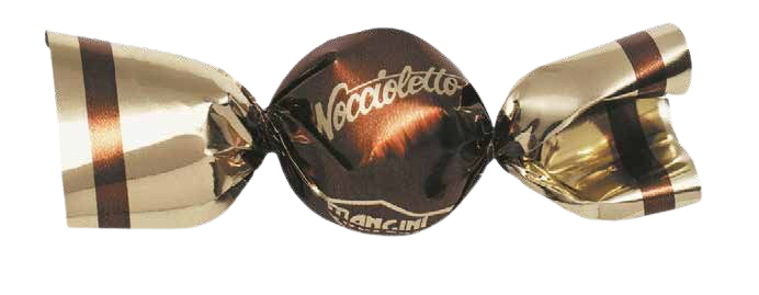 Bonbon enroulé dans un papier doré, marqué de 'Nocciletta'.