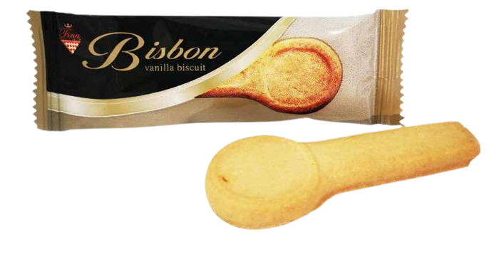 Un biscuit à la vanille de la marque 'Fina Food&Drink' dans son emballage et posé à côté.