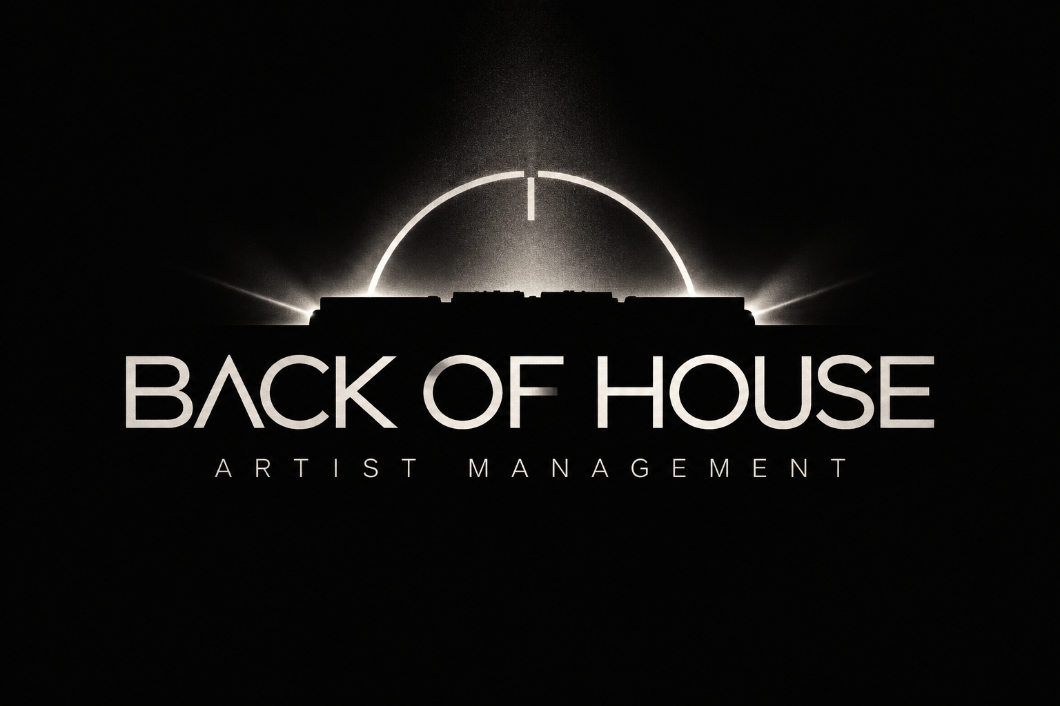 Black and white logo with illuminated semicircle and lines, with the text 'Back of House Artist Management'