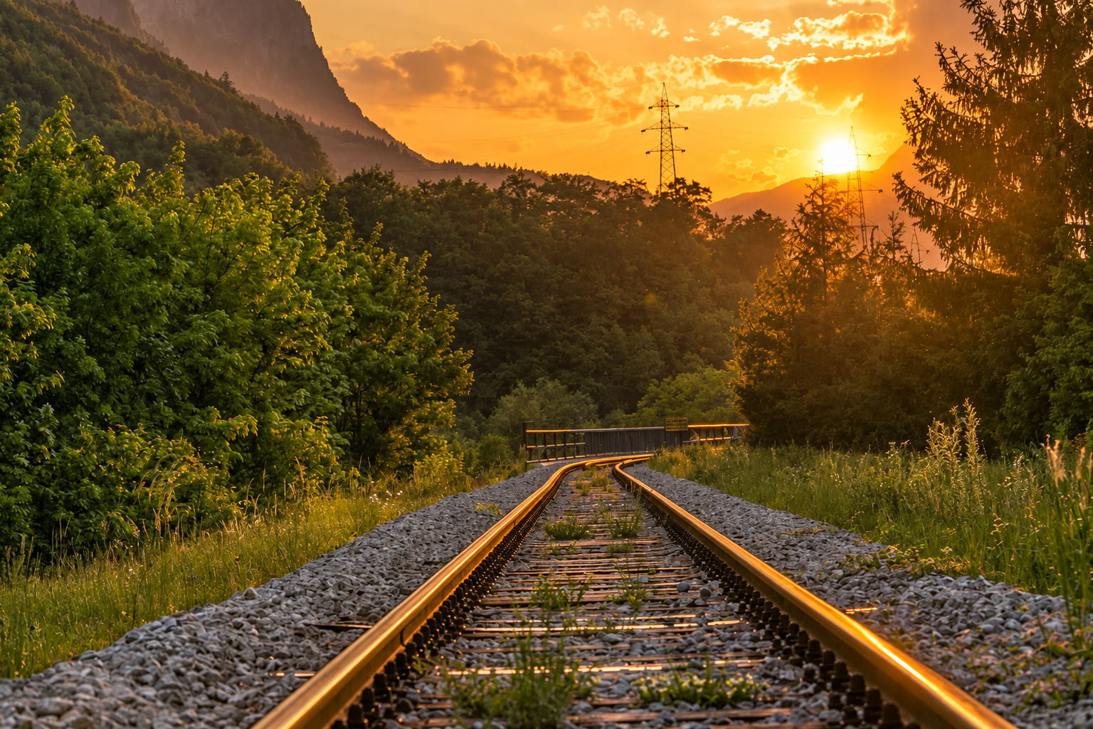 Train tracks extending through green landscape at sunset, with trees, hills, and power lines in the background.