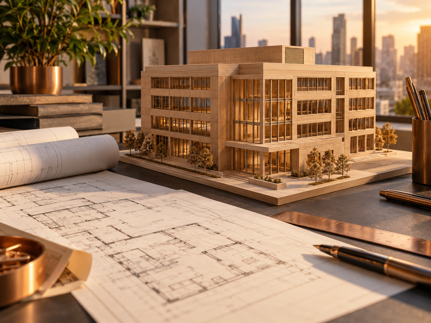 Architectural model of a modern multi-story building on a table with blueprints, pens, and rulers, with a city skyline in the background.