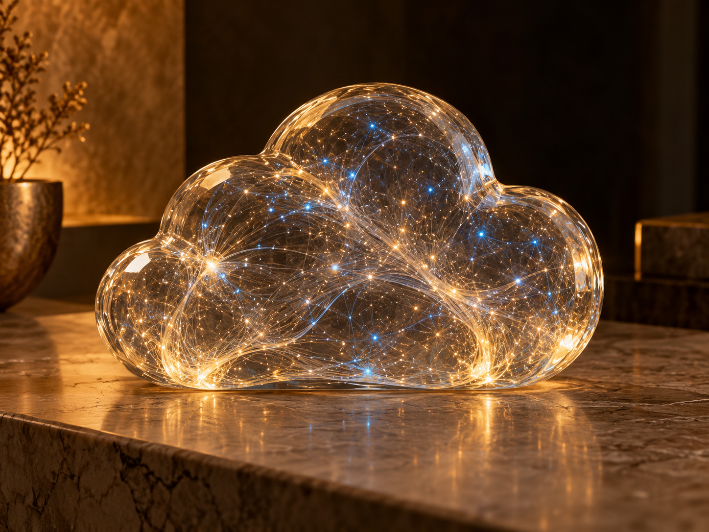 A decorative lamp shaped like a cloud with intertwined glowing wires and small blue lights, placed on a marble surface.