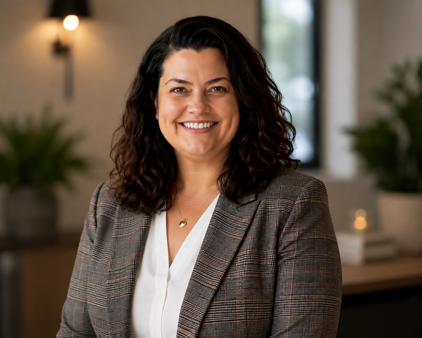 A smiling woman with dark curly hair, wearing a plaid blazer and white blouse, standing in a modern office with plants and soft lighting.