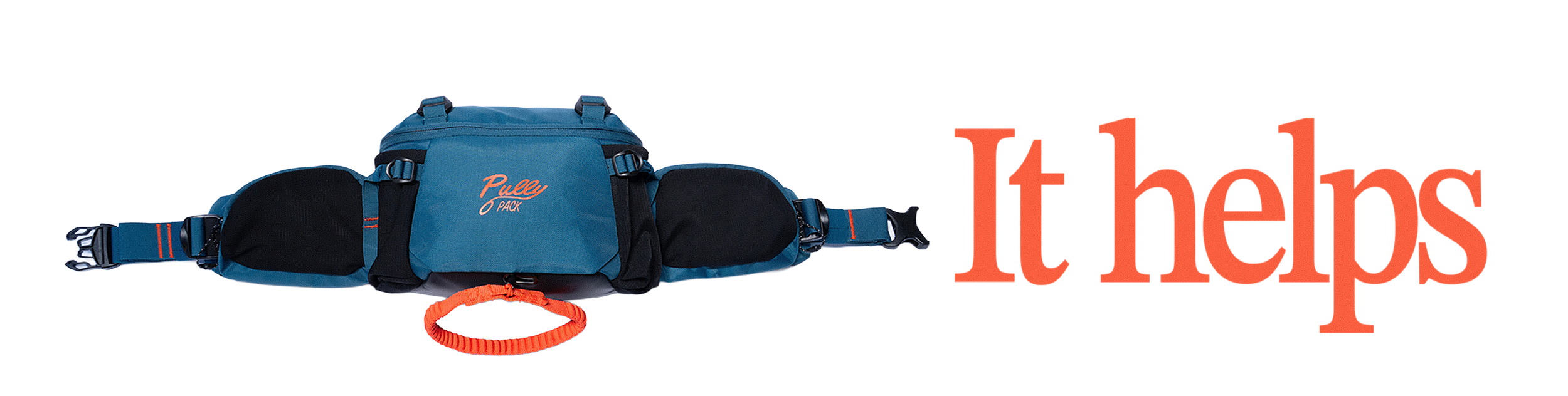 Blue and black pully pack with orange accents, positioned next to the phrase 'it helps' in large orange lettering.