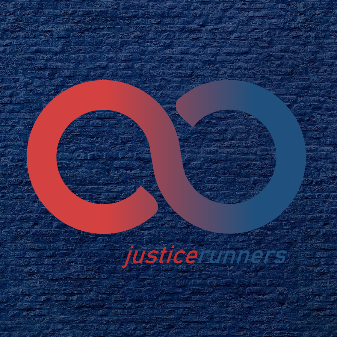 Logo with interlinked red and blue circles over a brick wall background, with the words 'justice runners' beneath.