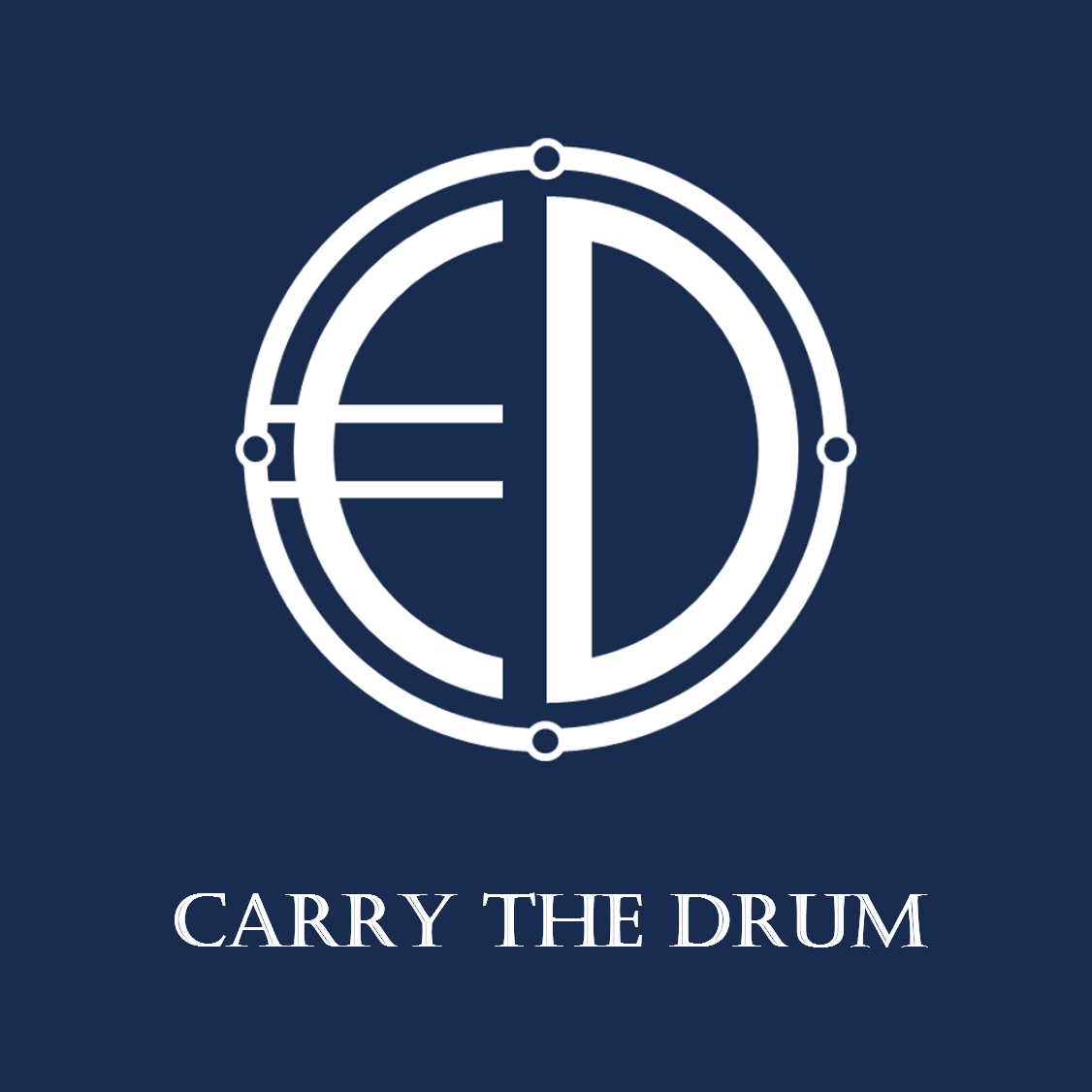 A logo with a white stylized drum icon on a navy blue background, with the phrase 'Carry the Drum' written below in white text.