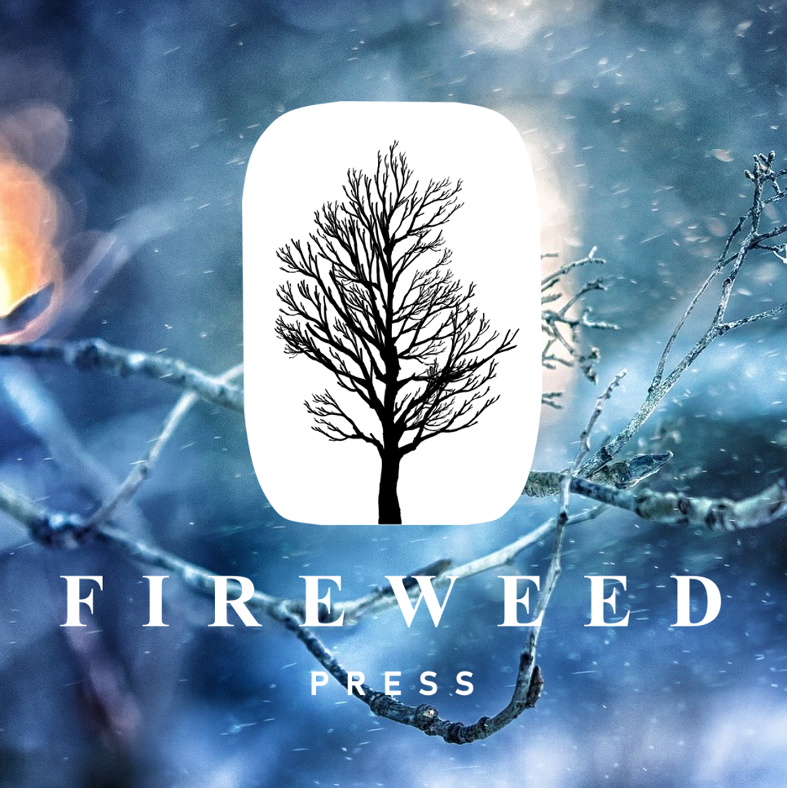 Mobile app icon with a black leafless tree silhouette on a white background. The app is named Fireweed Press, with the words 'FIREWEED PRESS' below the icon, over a blurred winter scene with snow and branches.