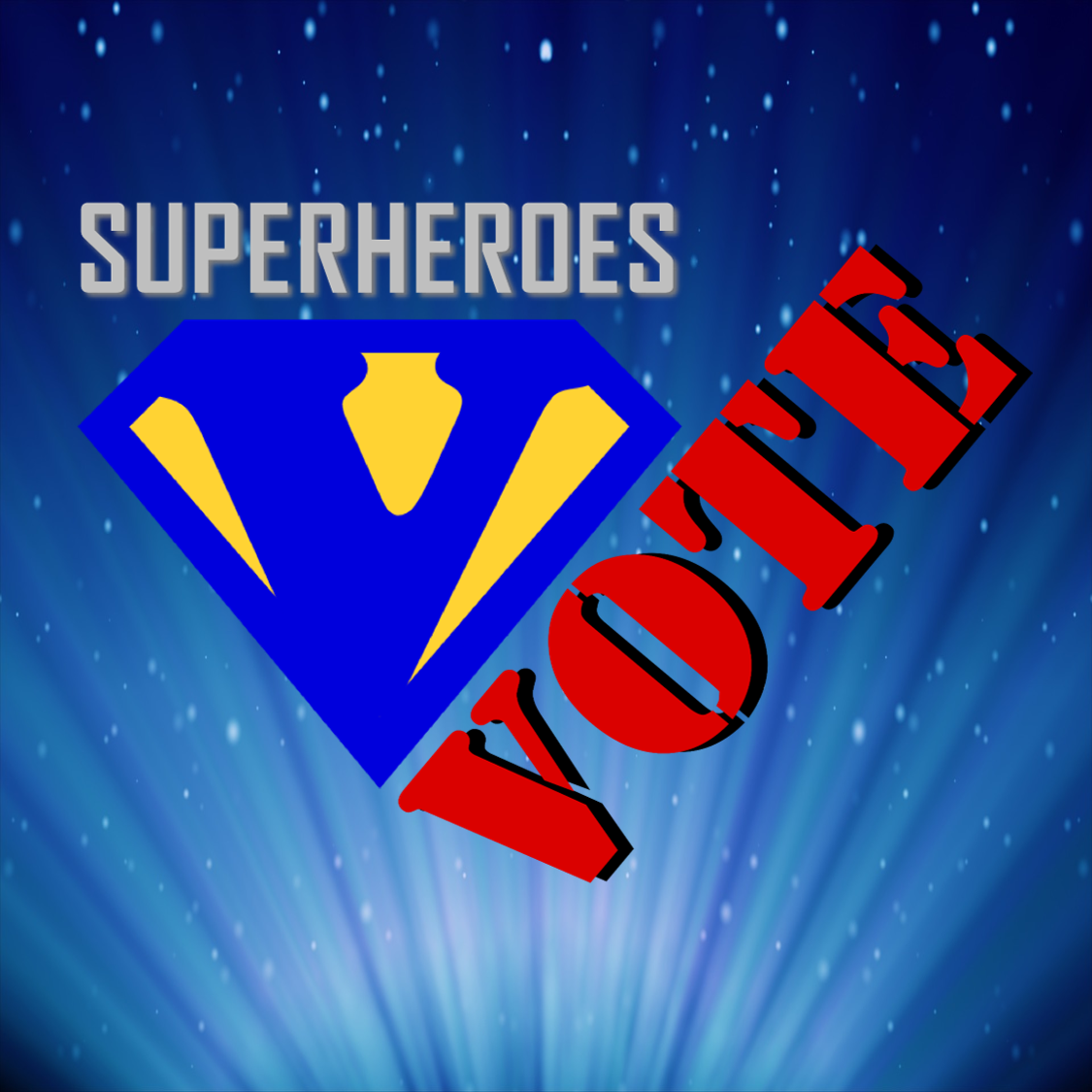 Blue background with white stars, a yellow and blue superhero emblem, and the words "Superheroes vote" in gray and red.