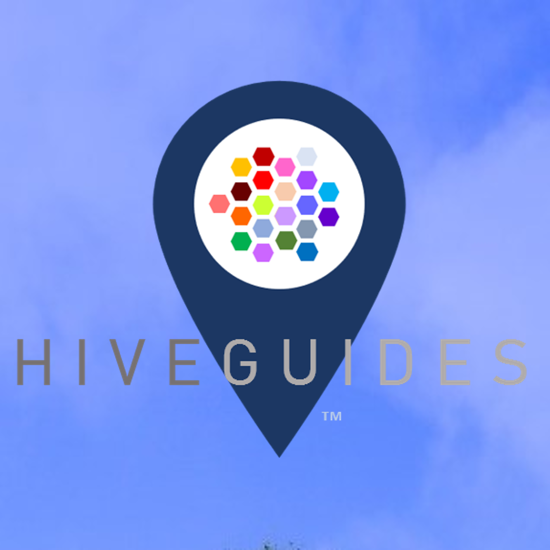A logo for Hive Guides featuring a map pin icon with a circle of multi-colored hexagons inside, and the text 'HIVE GUIDES' beneath it.