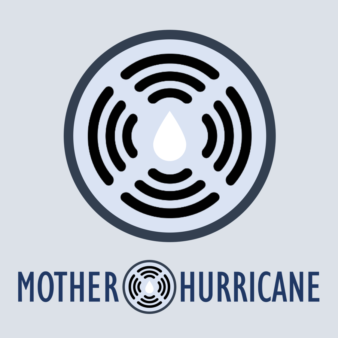 Logo with a circular design resembling a radar or sound wave pattern with a water droplet in the center, and the words 'Mother Hurricane' below, with a smaller version of the circular design replacing the 'O' in 'Mother'.