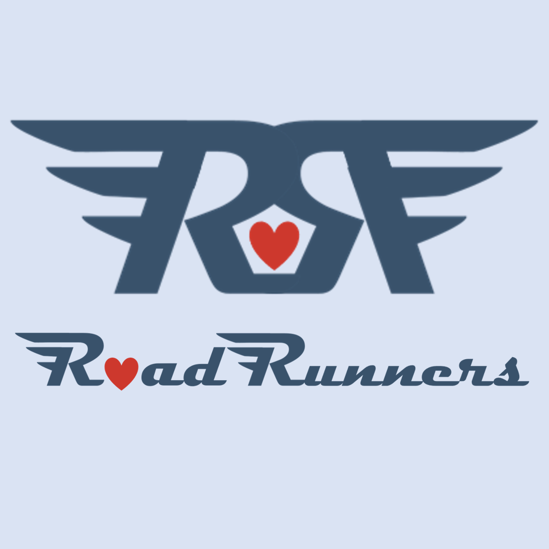 A logo with wings and the letters 'R' and 'F' in dark blue, a red heart in the center, and the words 'Road Runners' with a red heart replacing the 'o' in 'Road'.