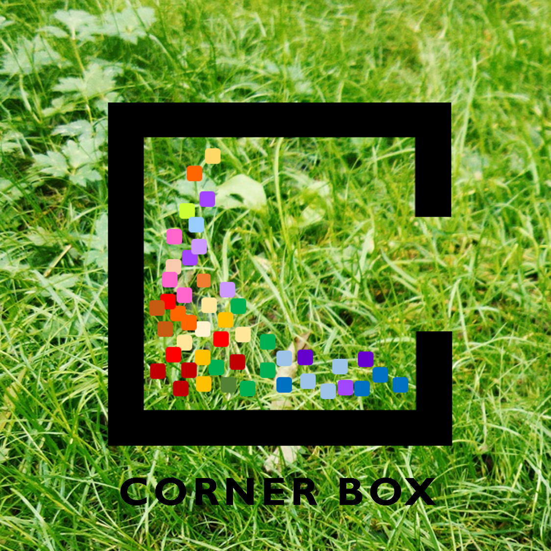 Logo with a black square outline and colorful dots arranged in a 'C' shape, set against a background of green grass, with the text 'CORNER BOX' below.