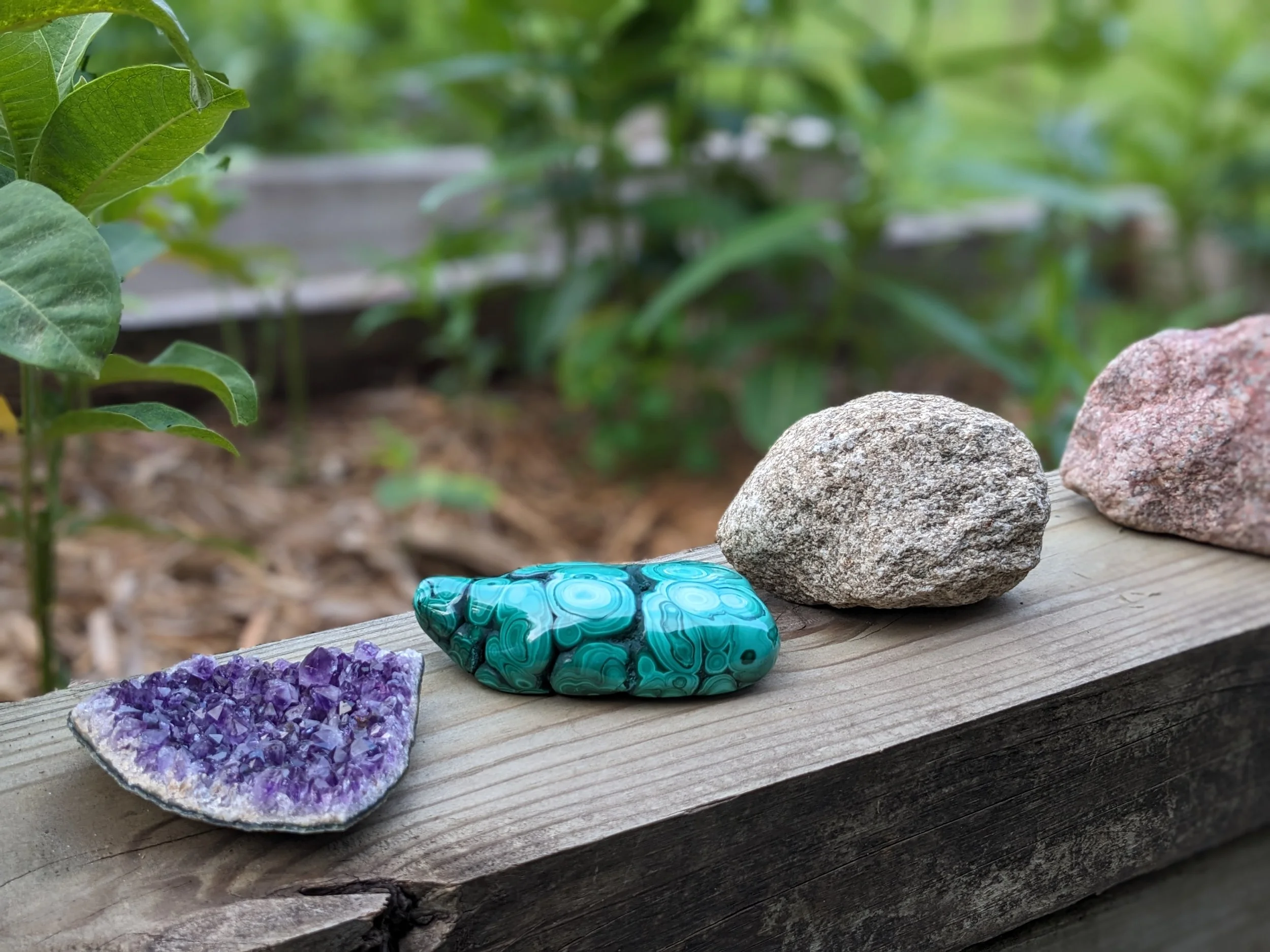 Collection of colorful polished stones, crystals, and rocks on a wooden surface outdoors with green foliage in the background.