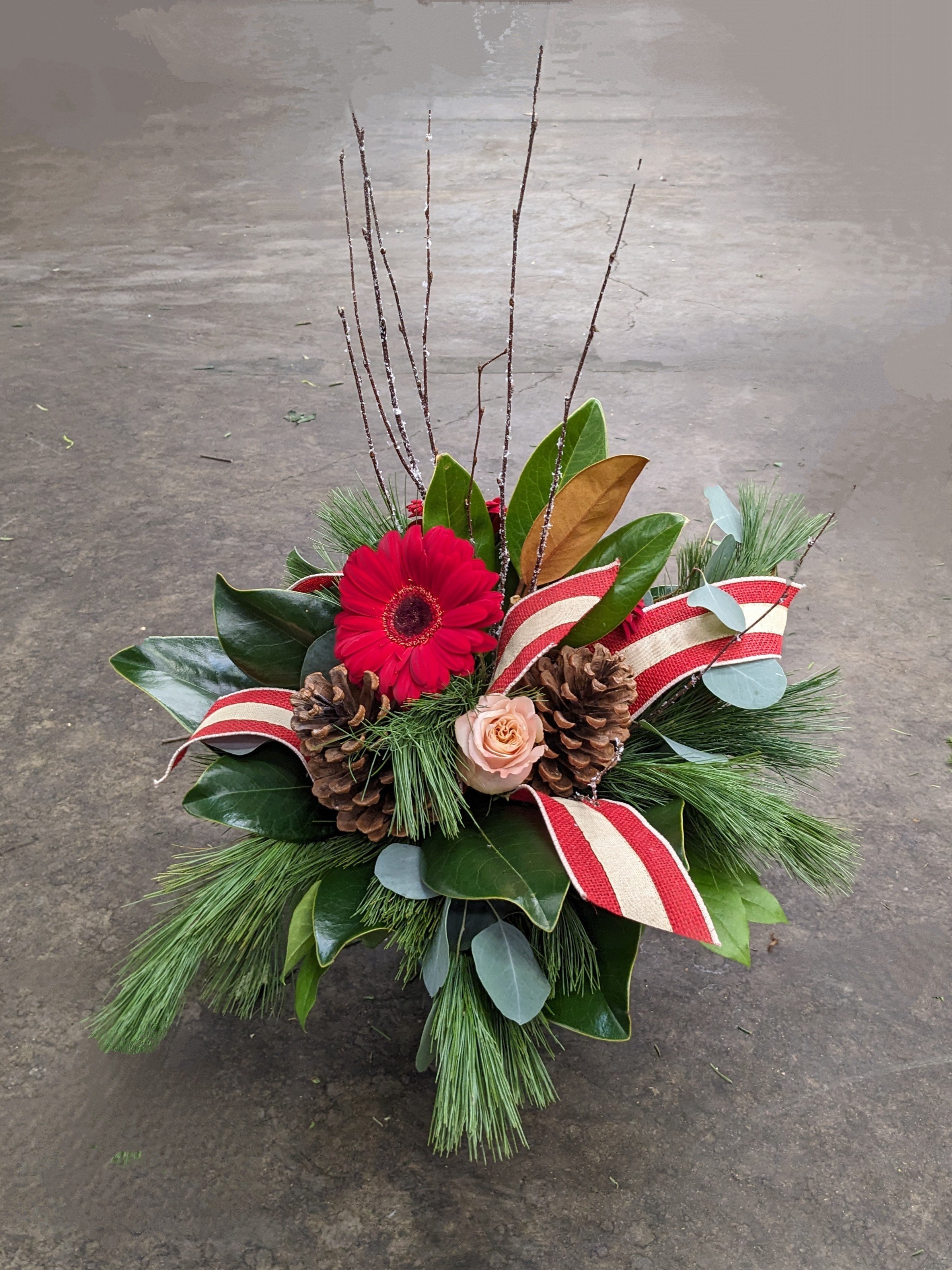A holiday floral arrangement with red flowers, pinecones, green and brown leaves, pine branches, and a red and white striped ribbon on a concrete surface.