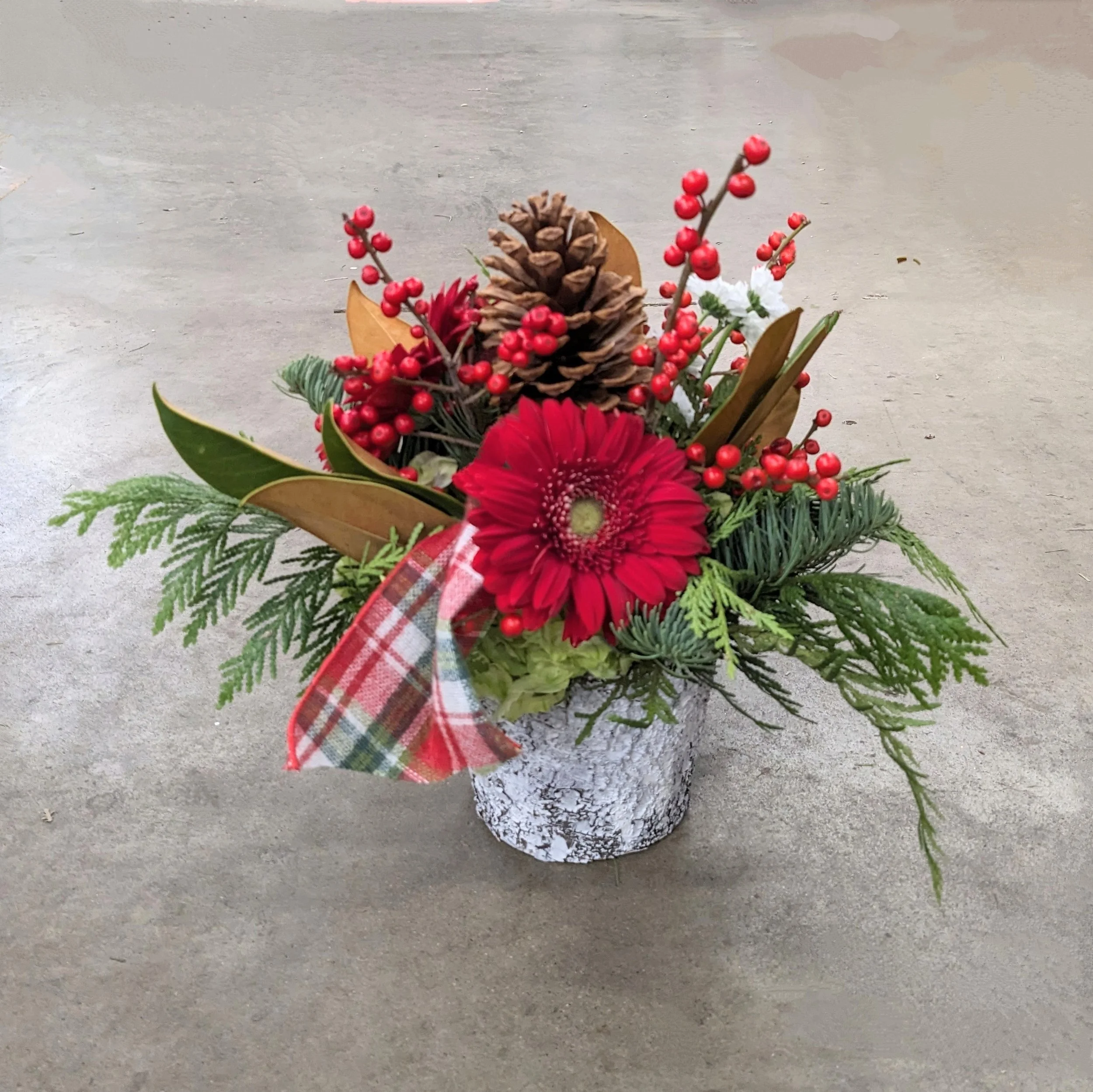 Decorative holiday arrangement on a gray concrete surface consisting of pine cones, red berries, green foliage, white flower, and a plaid ribbon.