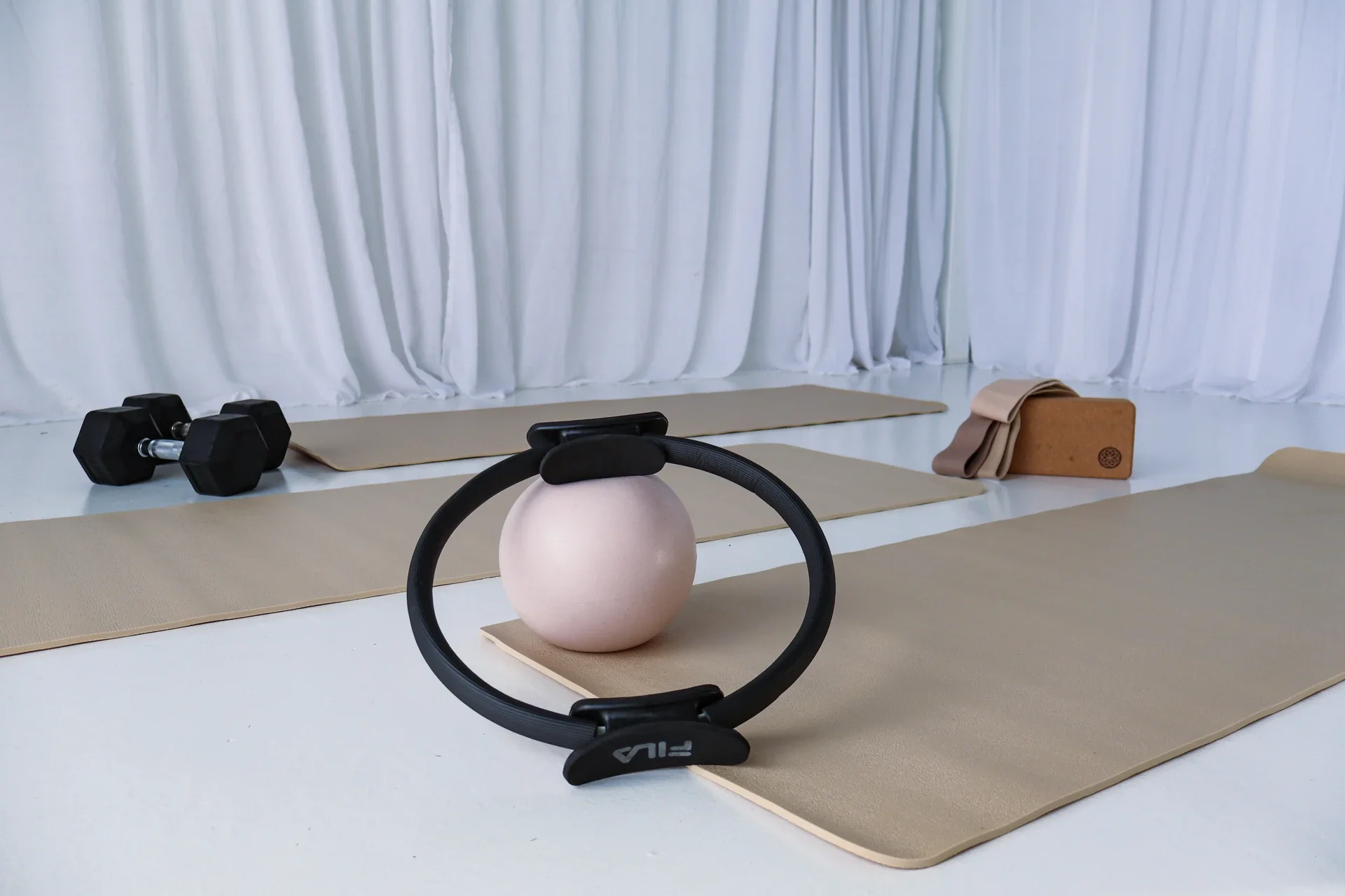 Fearless Movement Oak Flats pilates and strength training equipment including pilates ring, ball, bands, blocks and hand weights