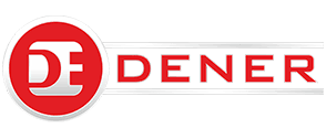 Logo of Dener, featuring a red circle with a stylized white 'D' and 'E' in the center, followed by the word 'DENER' in red uppercase letters