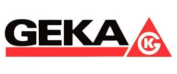 Geka logo with bold black letters and red graphic elements