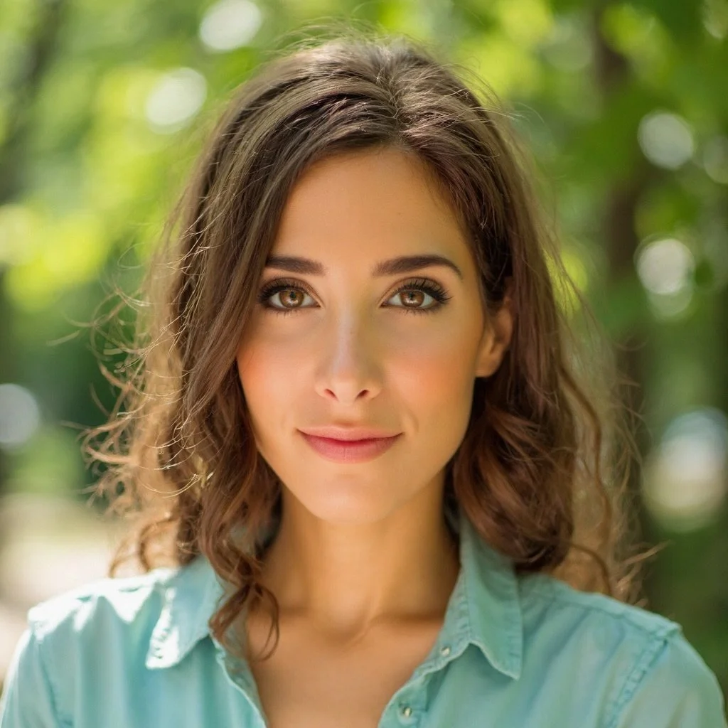 A young woman with brown, wavy hair and brown eyes, wearing a light blue shirt, standing outdoors with a blurred green background.