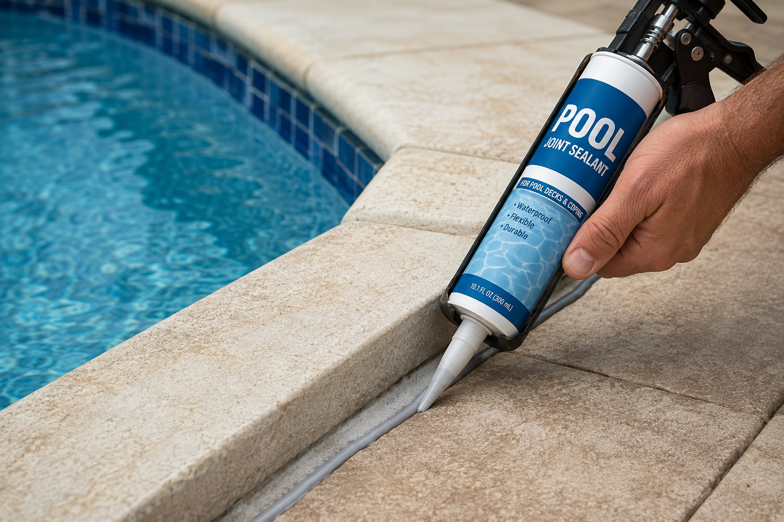 A person applying pool joint sealant along the edge of a swimming pool.