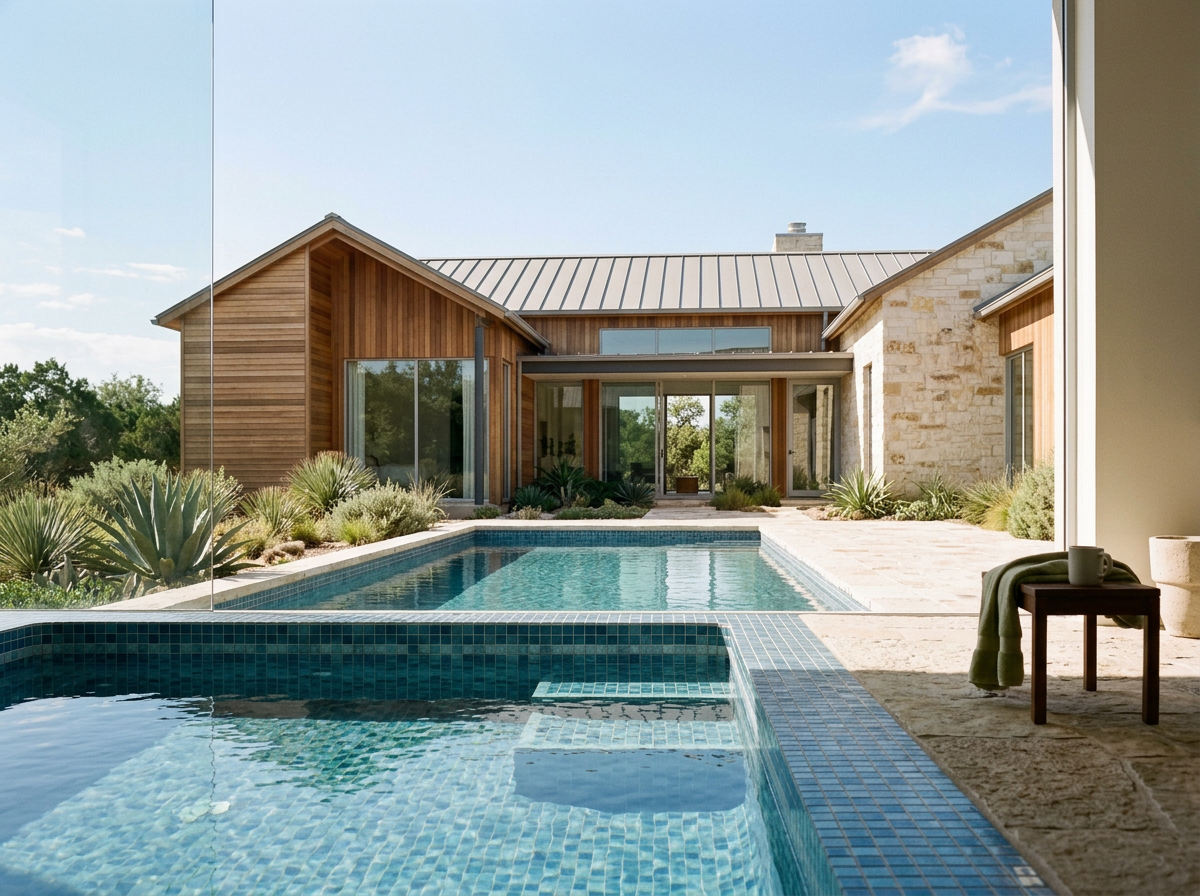 Modern house with a swimming pool and hot tub, view from interior patio with a small table and mug, house features wood and stone exterior, surrounded by desert plants under a clear blue sky.