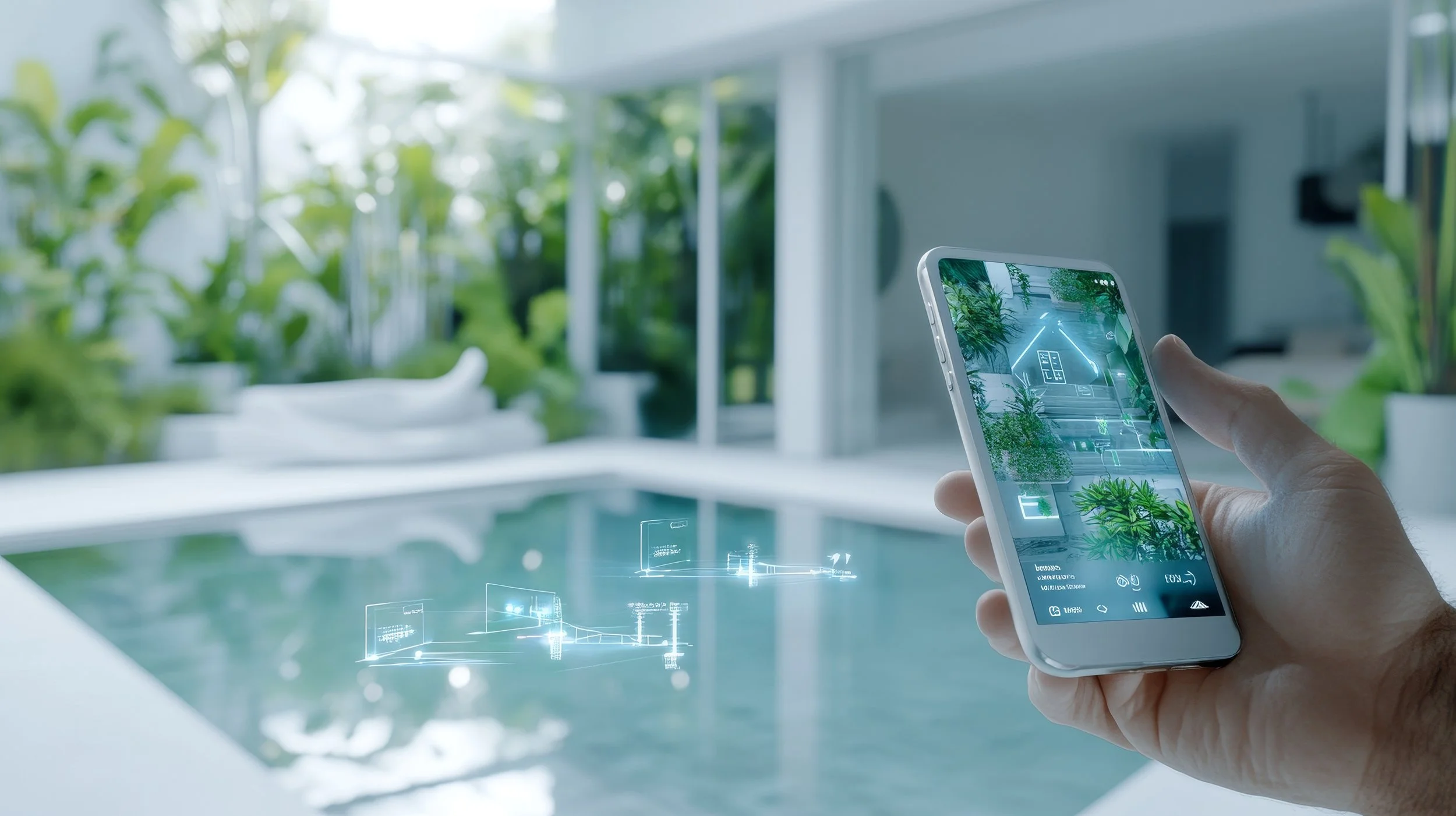 Person holding a smartphone with augmented reality overlay showing plants and digital diagrams, near a swimming pool and greenery indoors.