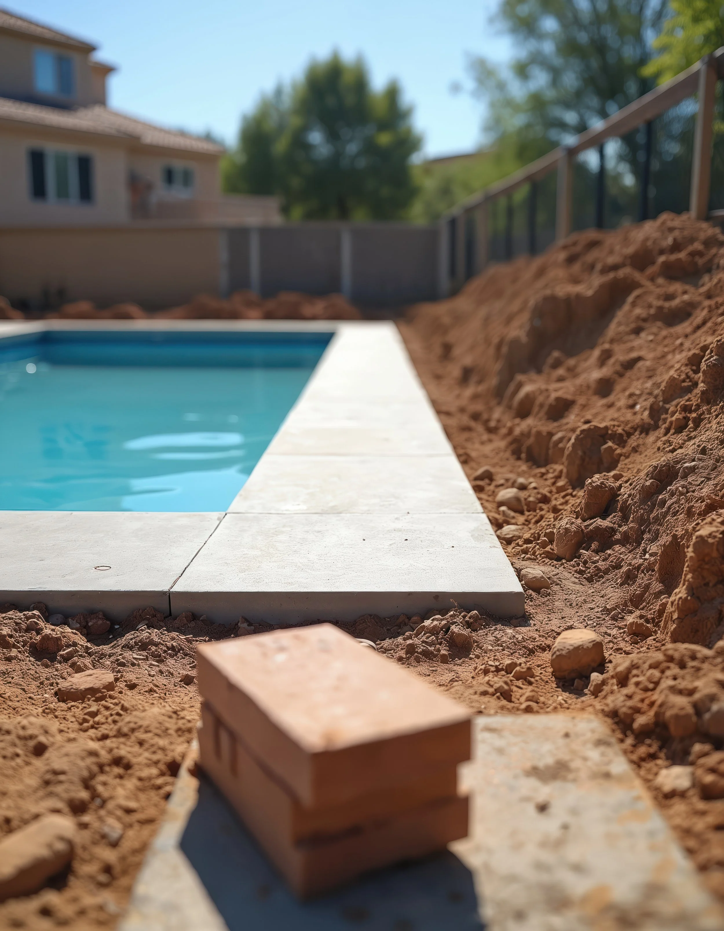 Construction site with a swimming pool, dirt piles, and a small wooden box in the foreground, with houses and trees in the background.