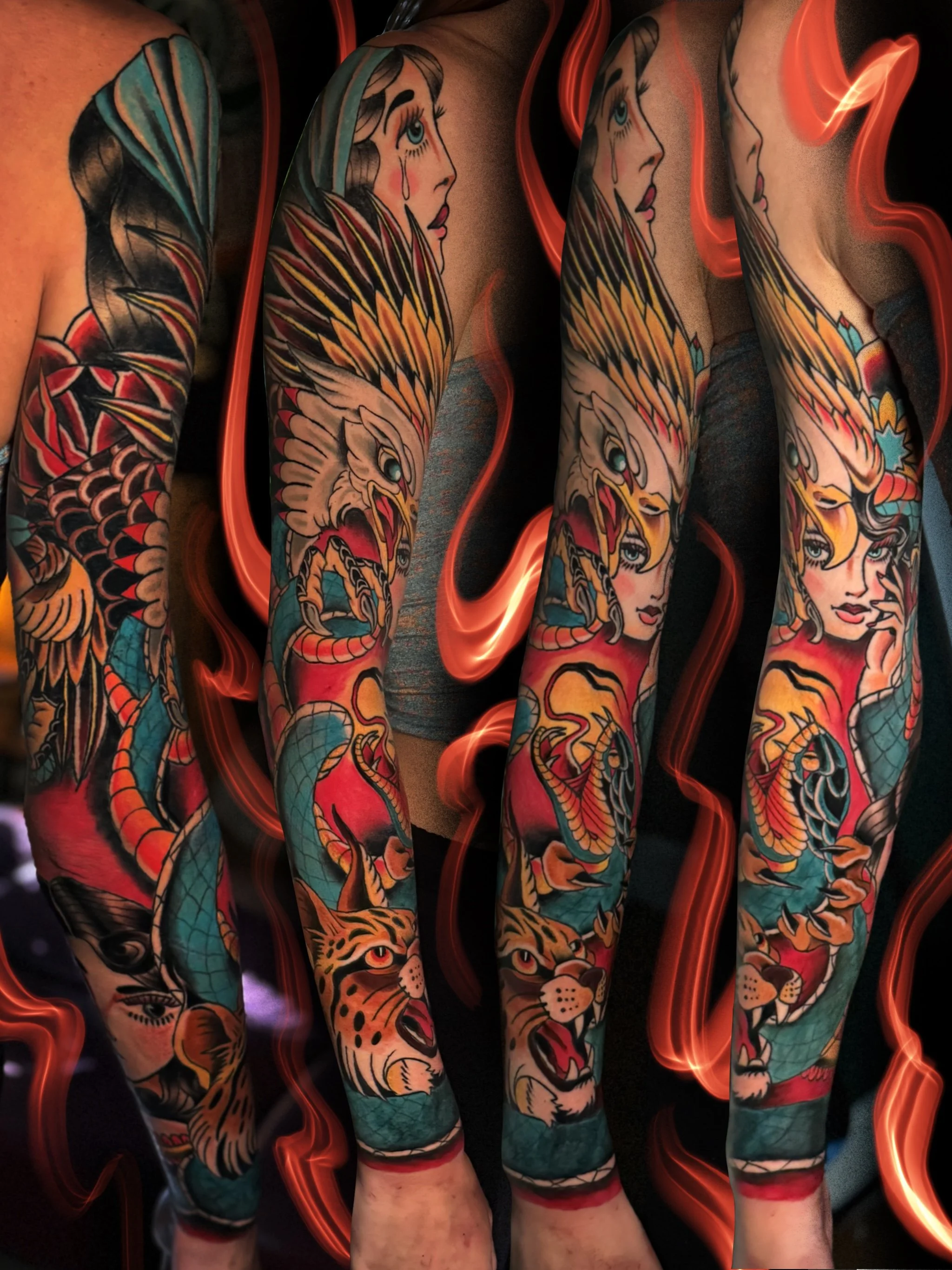 Colorful tattoos of a woman with tears on her face, a lion, and a snake covering her arms and legs. The tattoos feature bold colors including red, blue, yellow, and black, with a fiery border around the image.