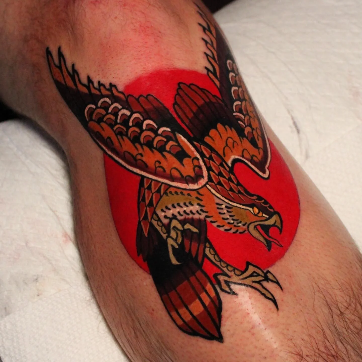 Tattoo of an eagle with spread wings on a person's arm, with a red background.
