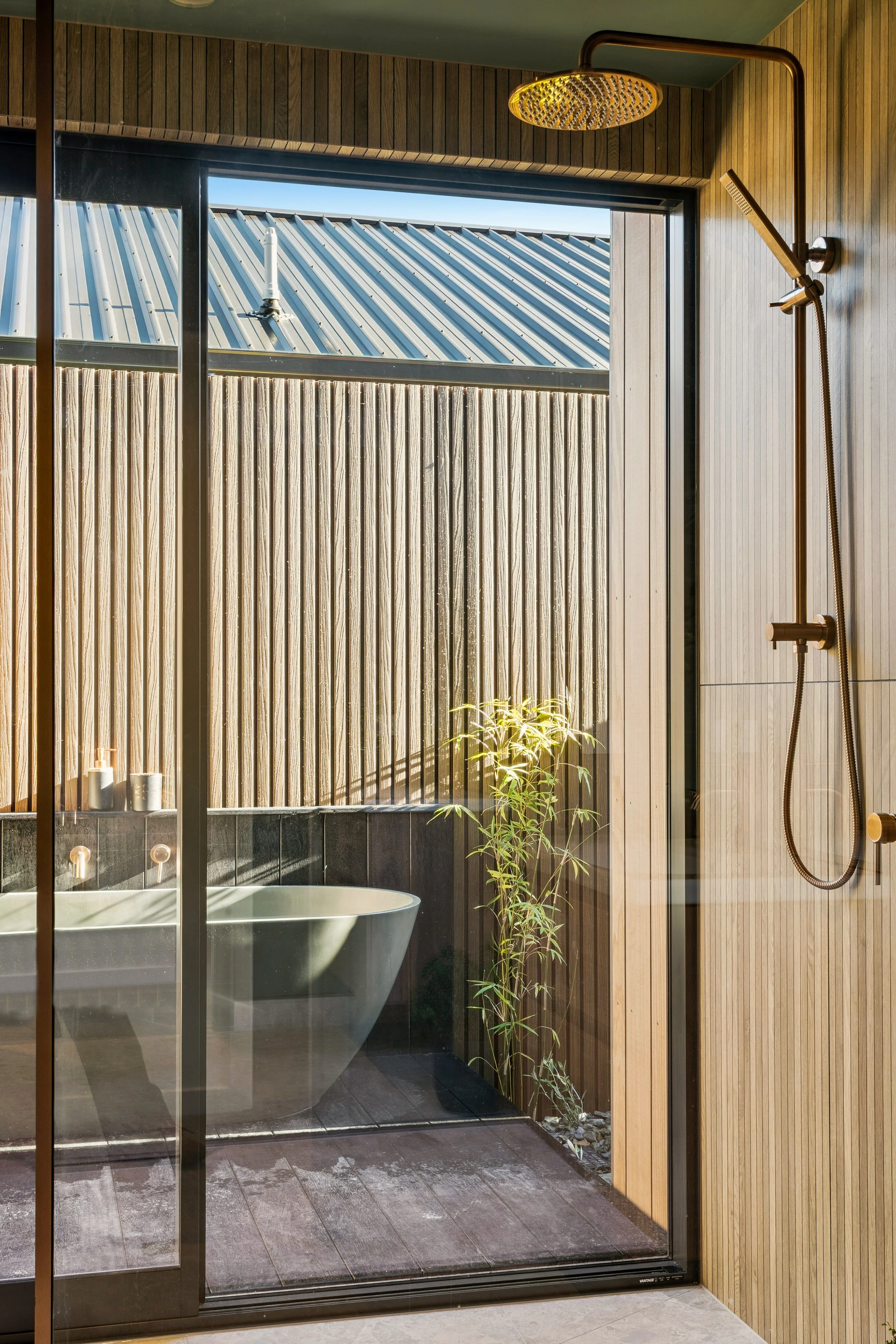 A modern bathroom with wooden paneling, a rainfall showerhead, and a small plant near a black bathtub, viewed through a glass sliding door.