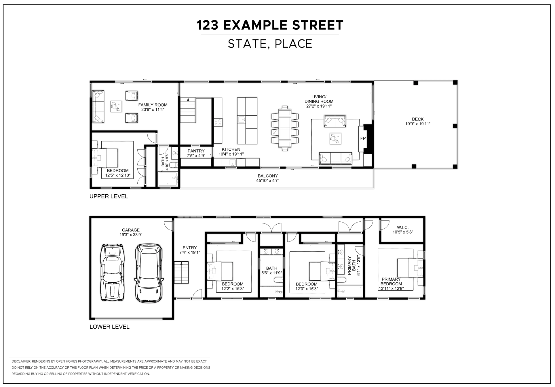 Floor plan of a two-story house with labeled rooms including bedrooms, bathrooms, kitchen, living room, dining room, family room, balcony, garage, and outdoor deck.
