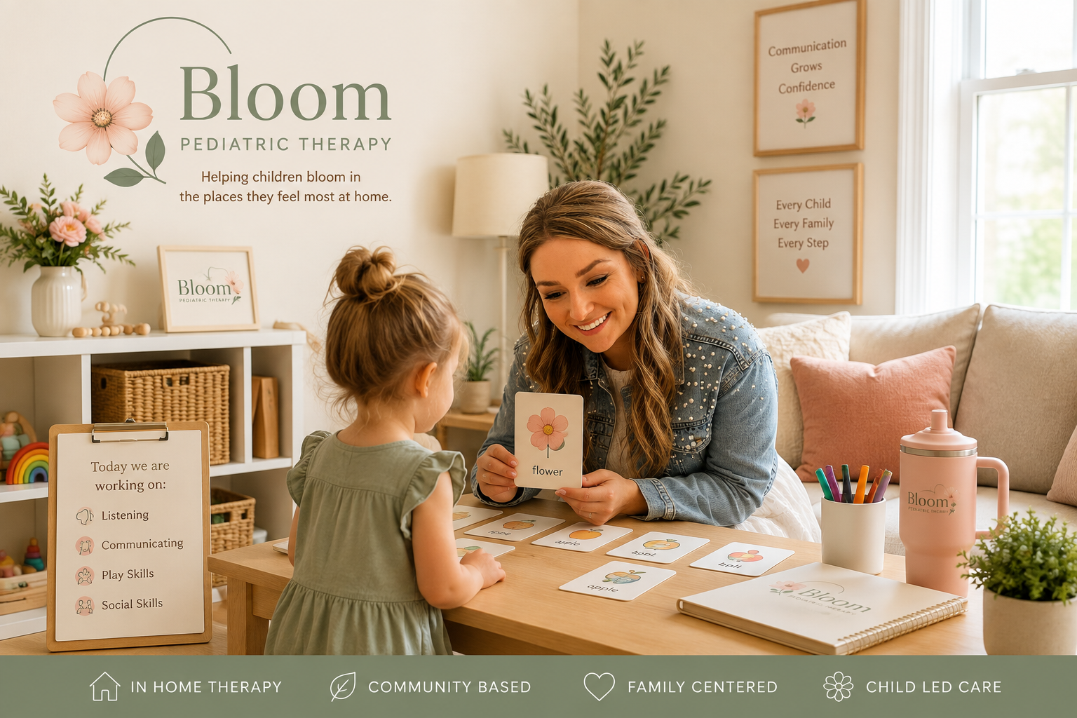A therapist and a young girl interact during a therapy session in a cozy room decorated with plants, framed artworks, and personalized decor. The therapist holds up a picture of a flower to the girl, who is engaged in learning activities using flashcards and art supplies on the table.