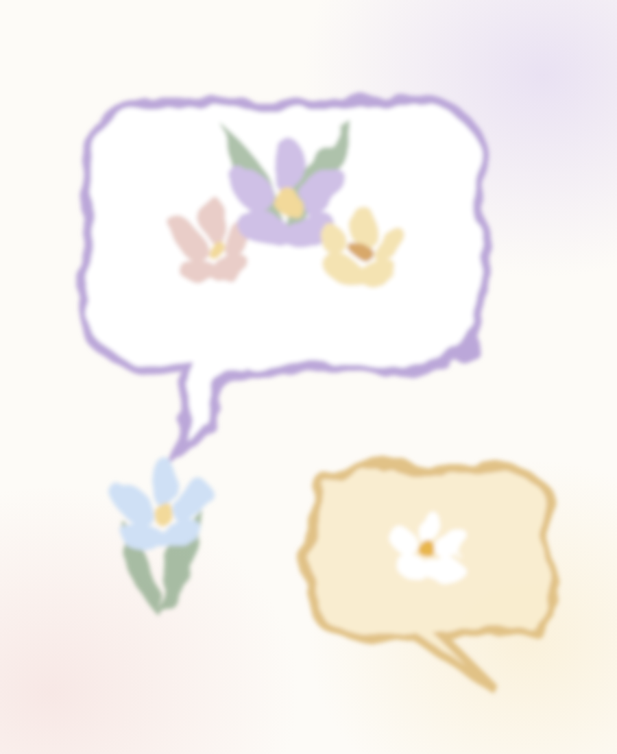 Blurred drawing of flowers in speech bubbles.