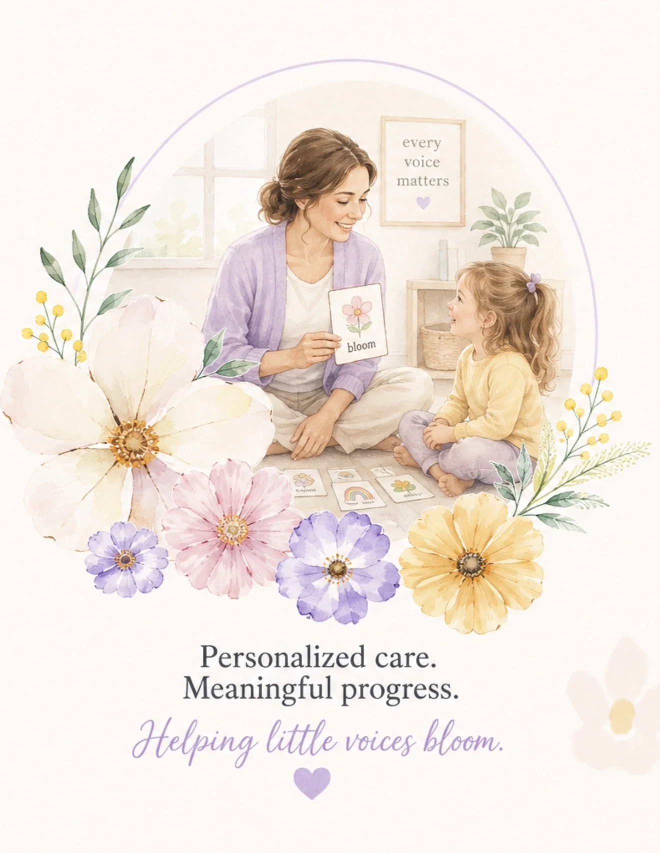An illustrated scene of a woman and a young girl sitting on the floor and engaging in a learning activity with flashcards, surrounded by colorful flowers. The background features a window, a framed quote that says "every voice matters" and a potted plant. The scene emphasizes personalized care and meaningful progress in helping children grow.