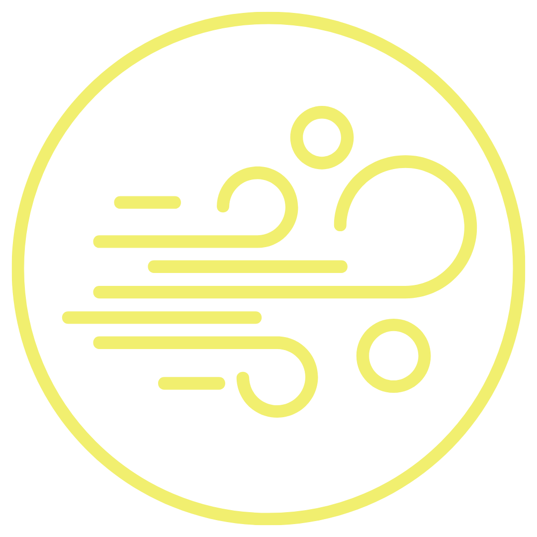 Minimalist icon of wind with swirling lines and circles, representing air or wind movement.