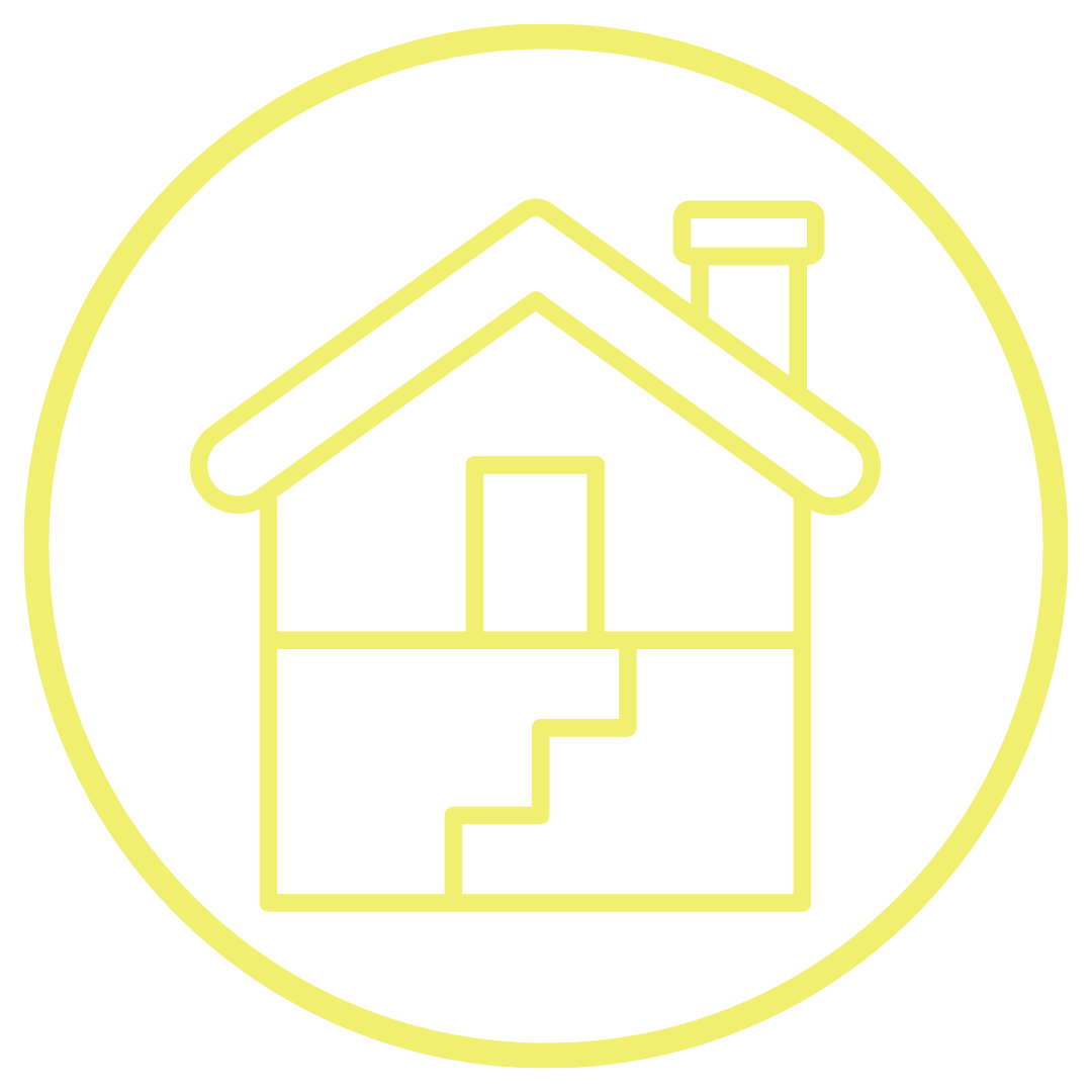 Line drawing of a house with a chimney inside a yellow circle