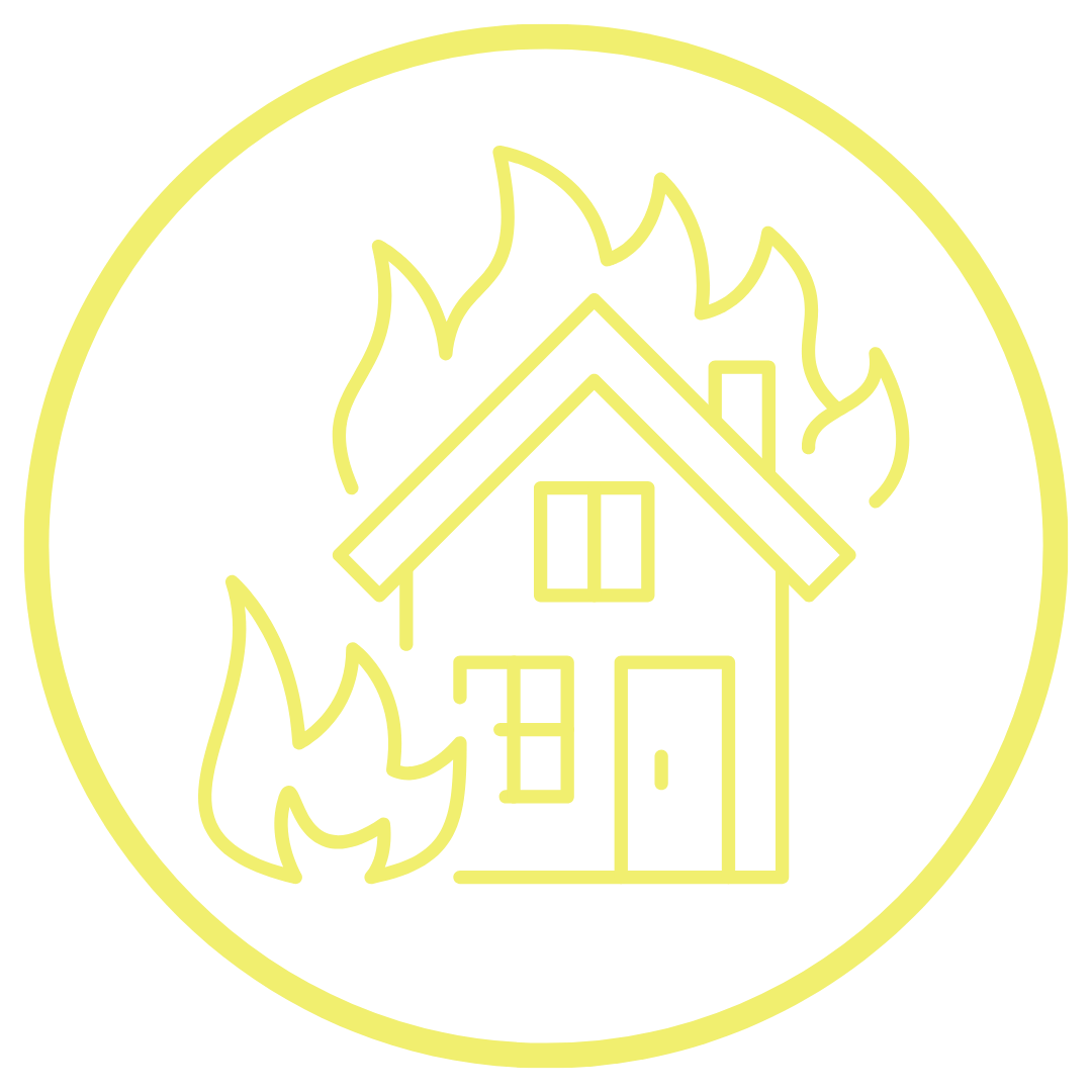 Yellow outline of a house on fire, enclosed in a circle.