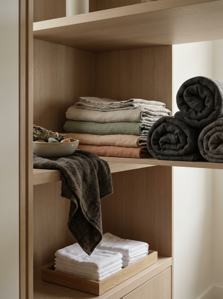Wooden shelf with neatly folded towels and linens, a dish with jewelry or small items, and a piece of dark fabric.